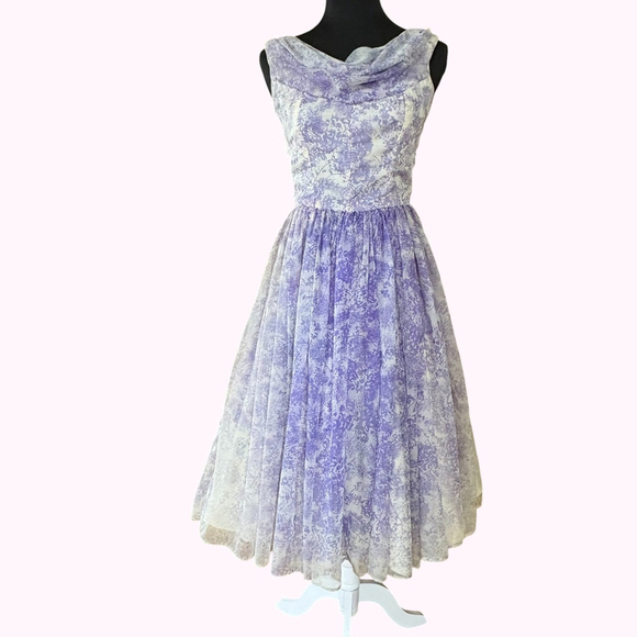 Vintage Dresses & Skirts - Vintage 1950s Floral Fit and Flare Dress Purple White Extra Small